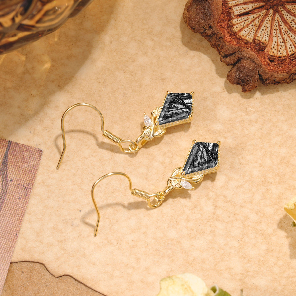 Classic Sparkling Geometric Black Rutilated Quartz Drop Earrings