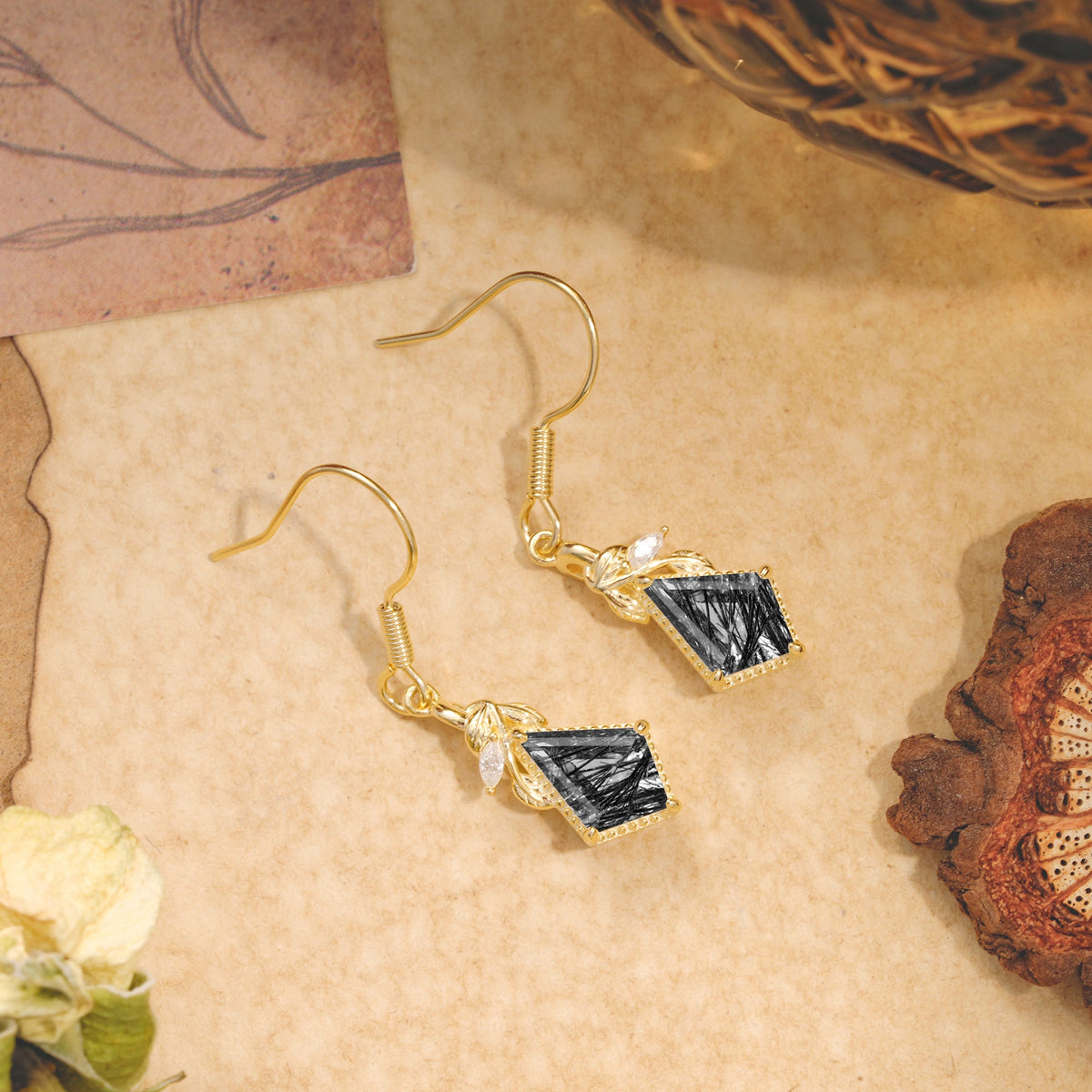 Classic Sparkling Geometric Black Rutilated Quartz Drop Earrings