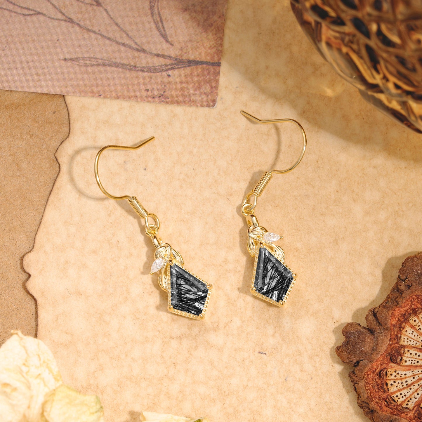 Classic Sparkling Geometric Black Rutilated Quartz Drop Earrings