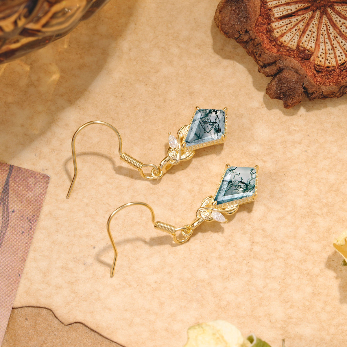 Classic Sparkling Geometric Moss Agate Drop Earrings