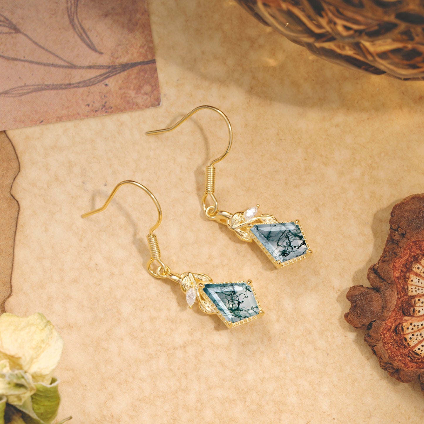 Classic Sparkling Geometric Moss Agate Drop Earrings