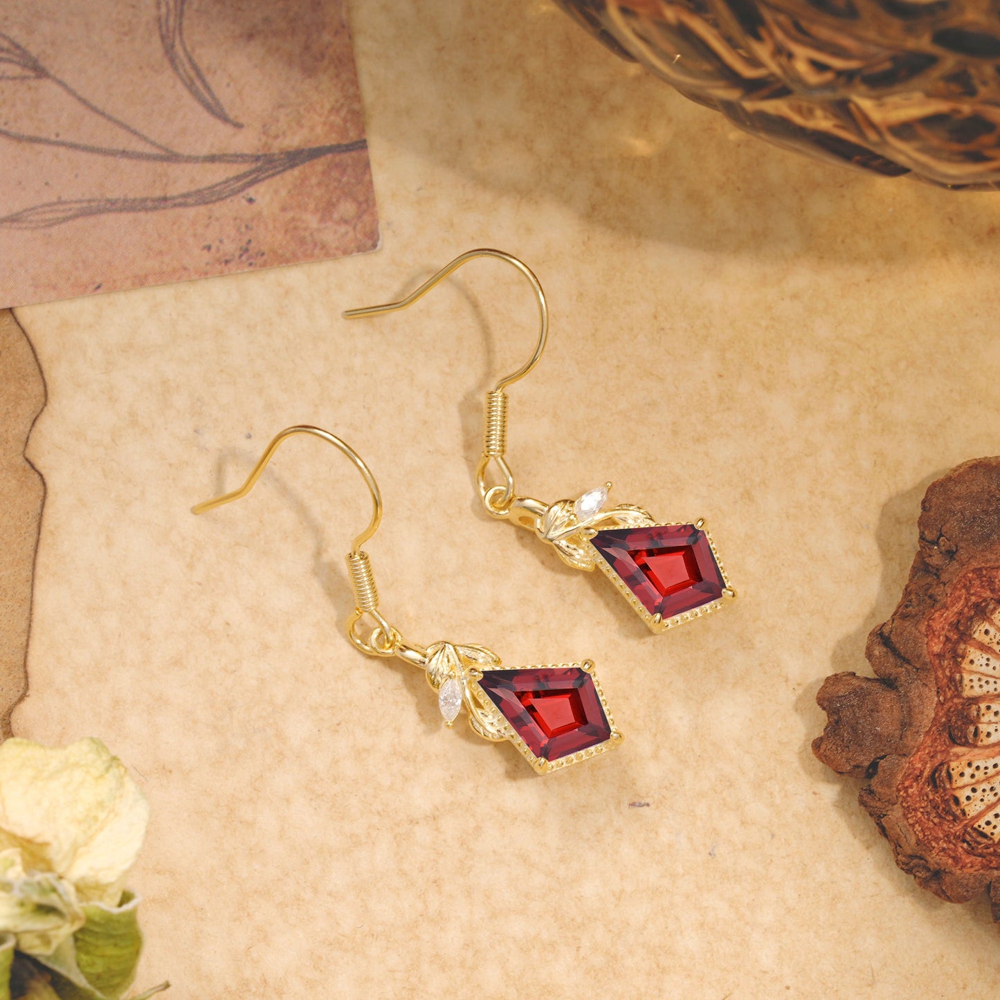 Classic Sparkling Geometric Garnet Drop Earrings