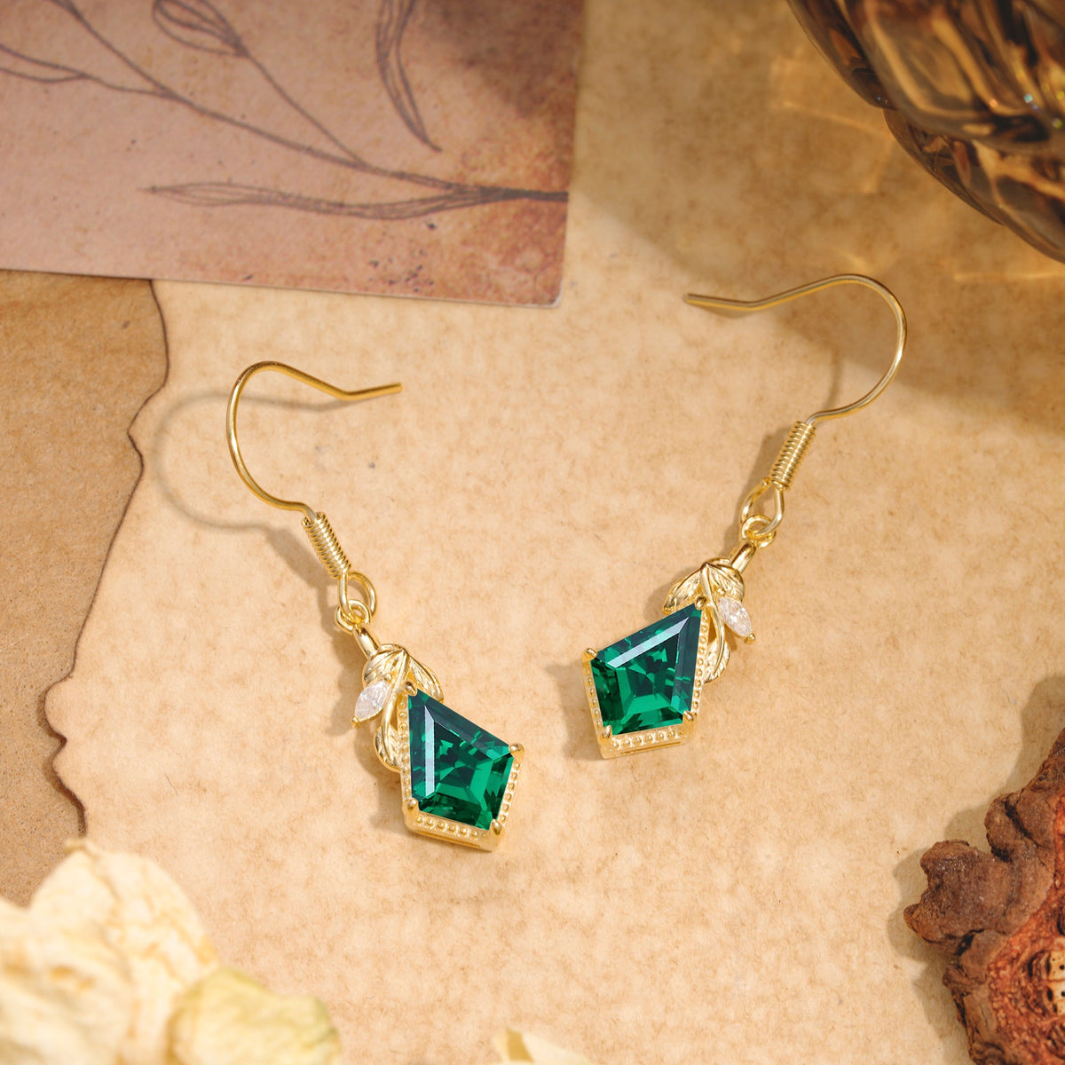 Classic Sparkling Geometric Emerald Drop Earrings