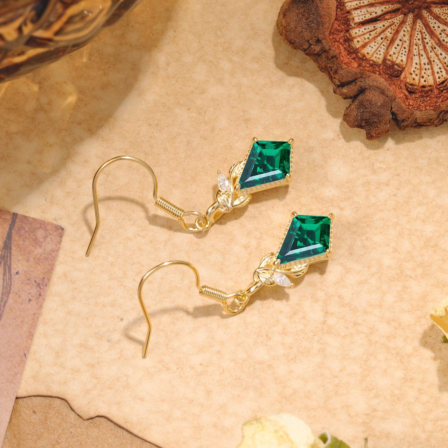 Classic Sparkling Geometric Emerald Drop Earrings