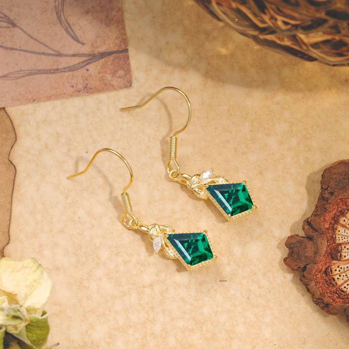 Classic Sparkling Geometric Emerald Drop Earrings