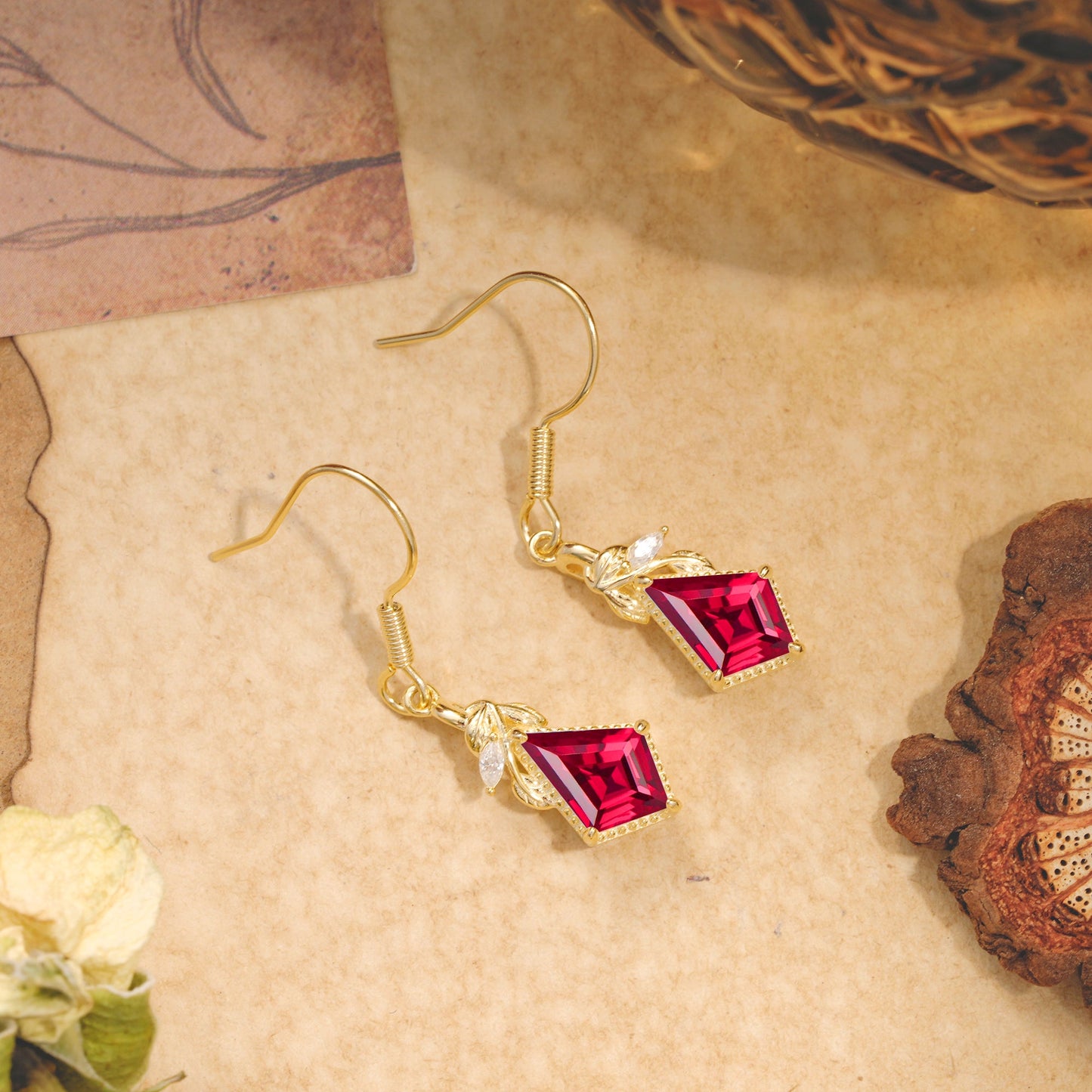 Classic Sparkling Geometric Ruby Drop Earrings