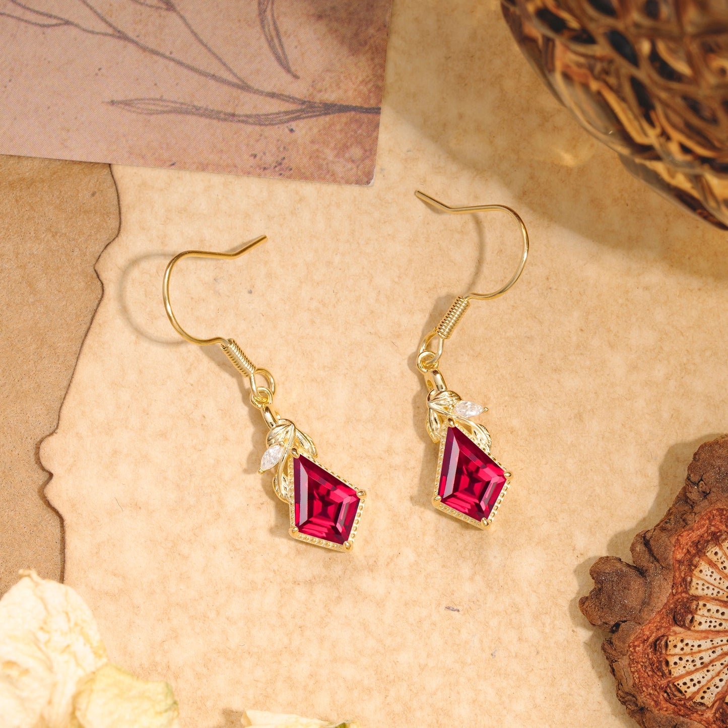 Classic Sparkling Geometric Ruby Drop Earrings