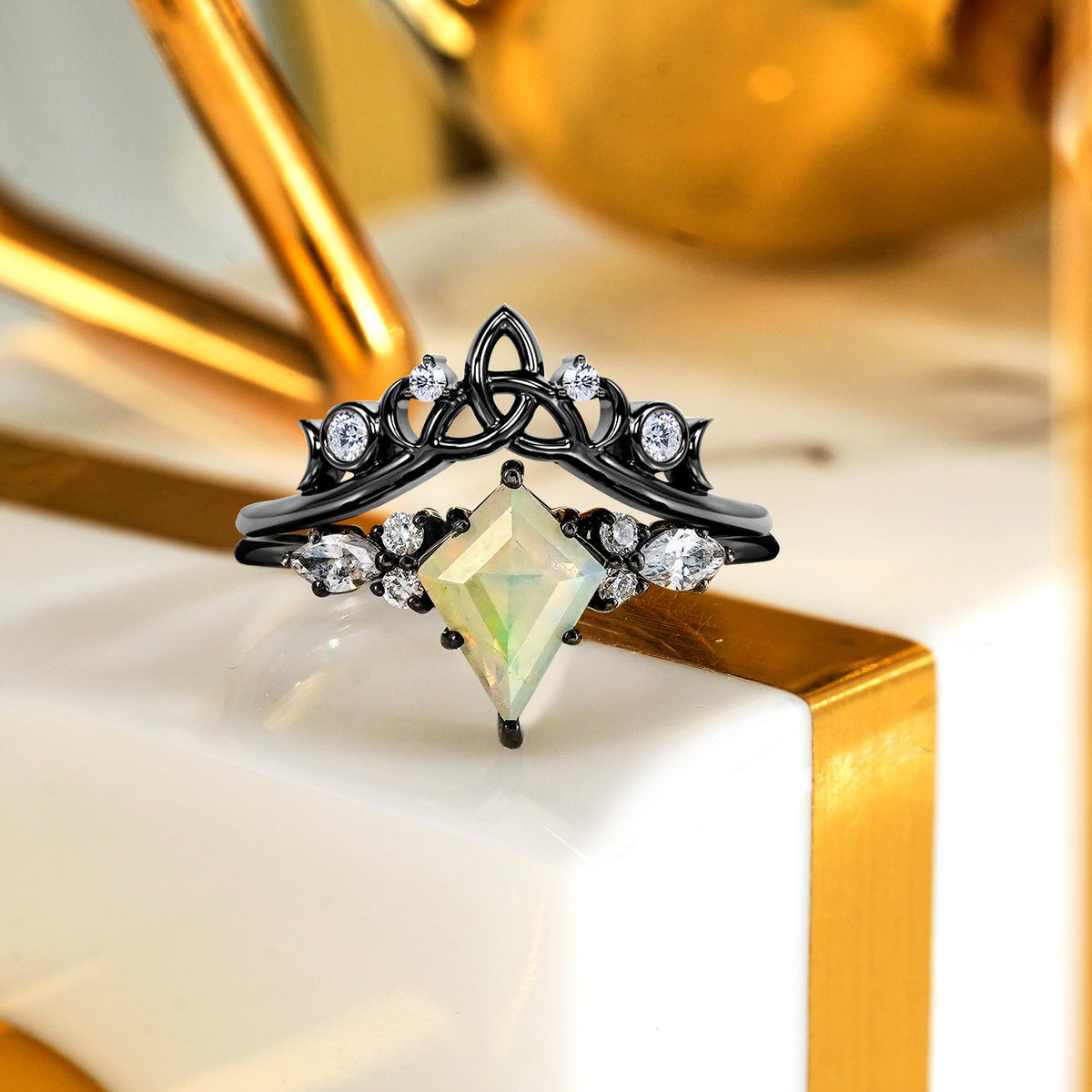 1 Ct Kite Cut Lab Opal Tiara Wedding Ring Set