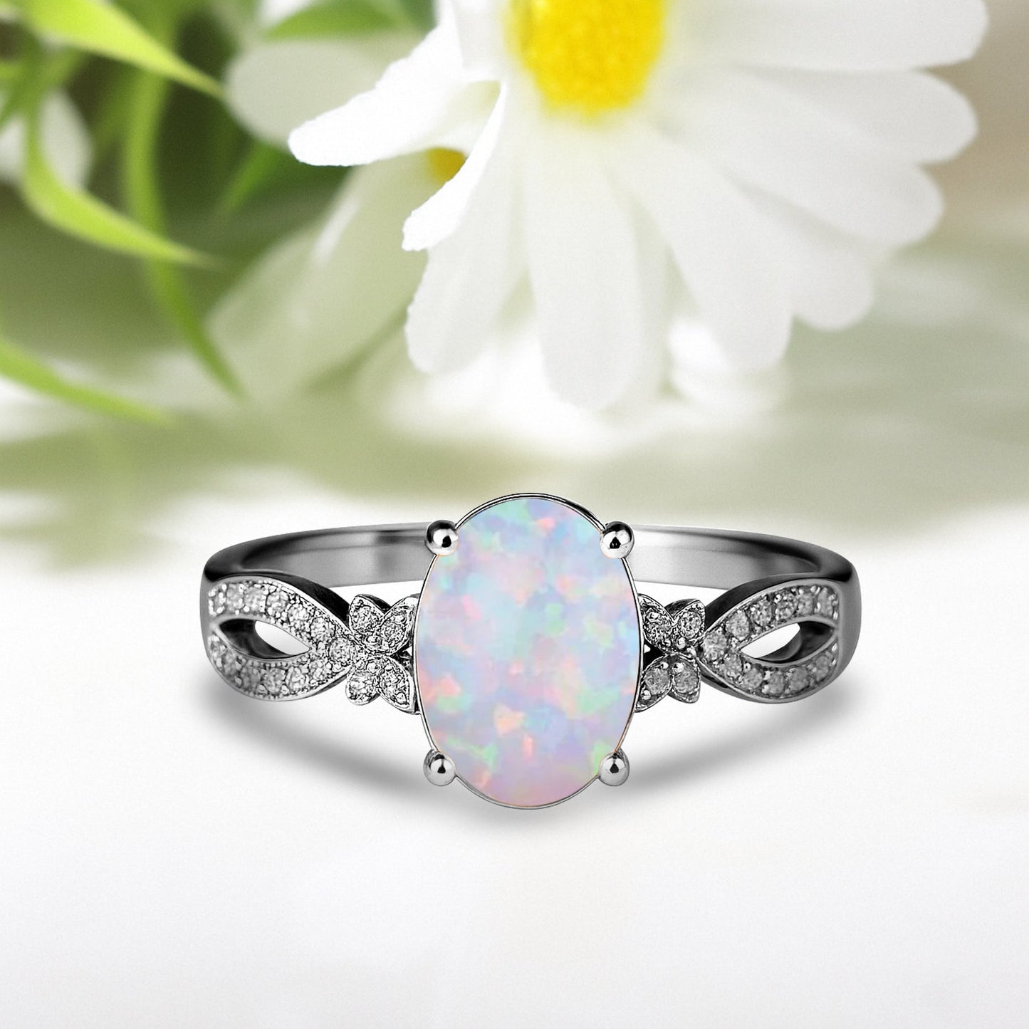 Inifnity 3.5 Ct Oval Cut Lab Created Opal Milgrain Engagement Ring