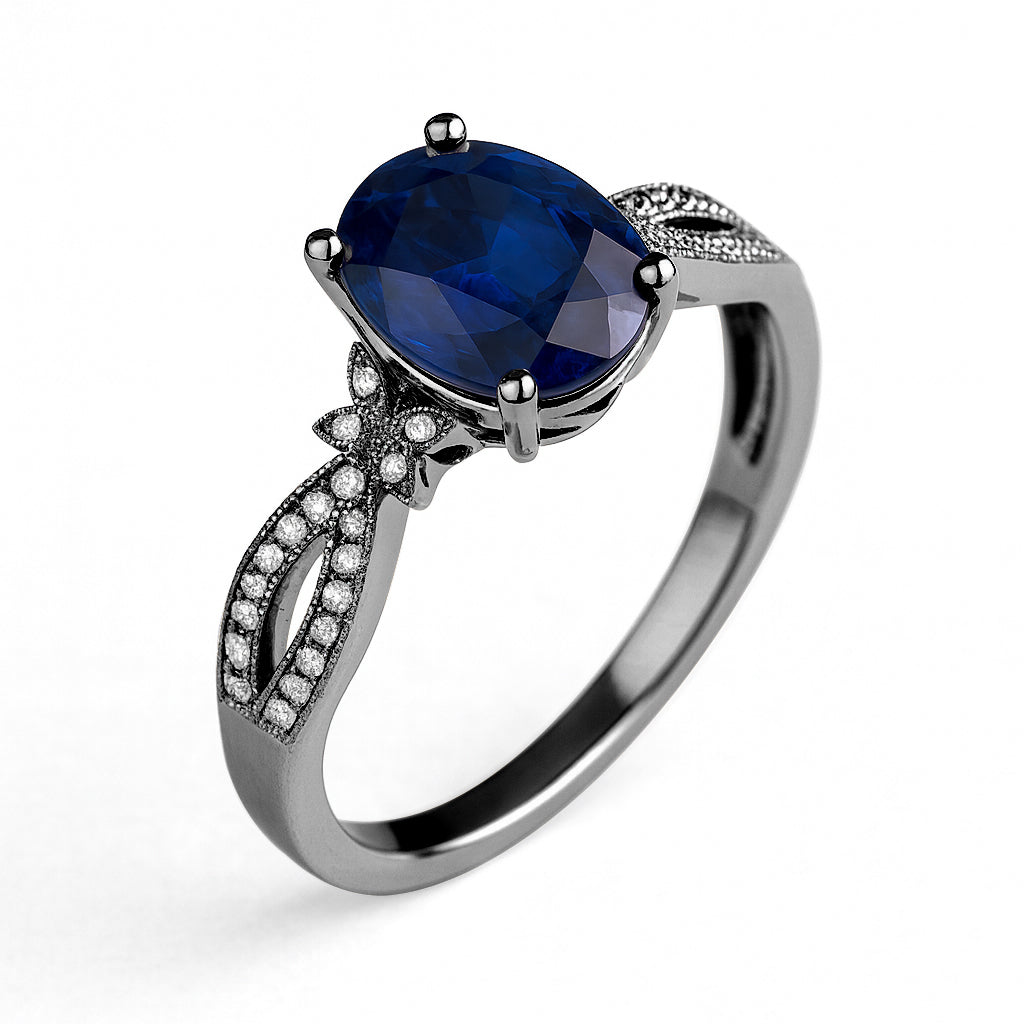 Butterfly 3.5 Ct Oval Cut Blue Sapphire Milgrain Engagement Ring