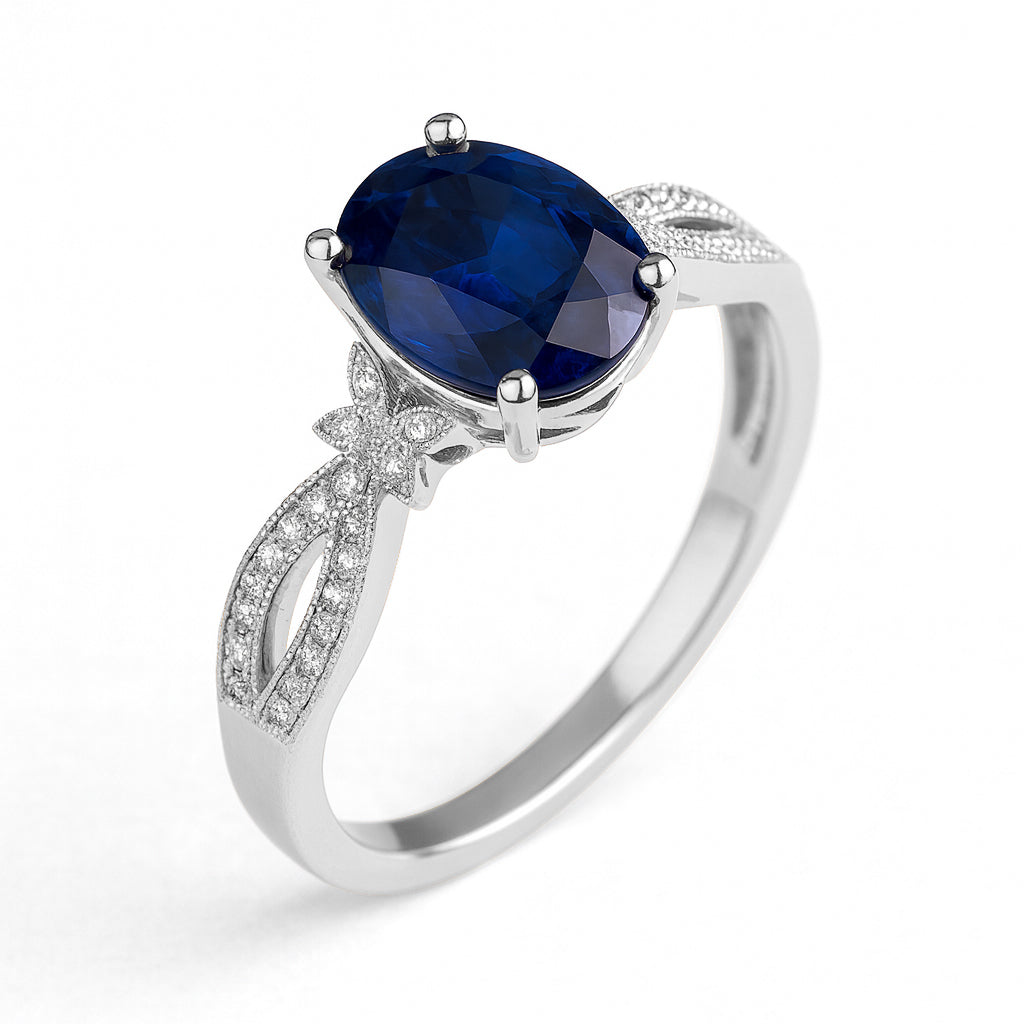 Butterfly 3.5 Ct Oval Cut Blue Sapphire Milgrain Engagement Ring