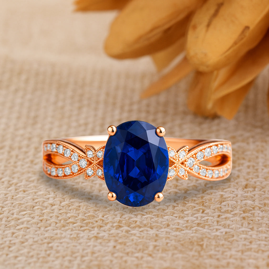 Butterfly 3.5 Ct Oval Cut Blue Sapphire Milgrain Engagement Ring