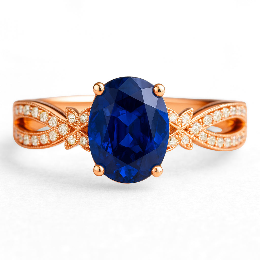 Butterfly 3.5 Ct Oval Cut Blue Sapphire Milgrain Engagement Ring