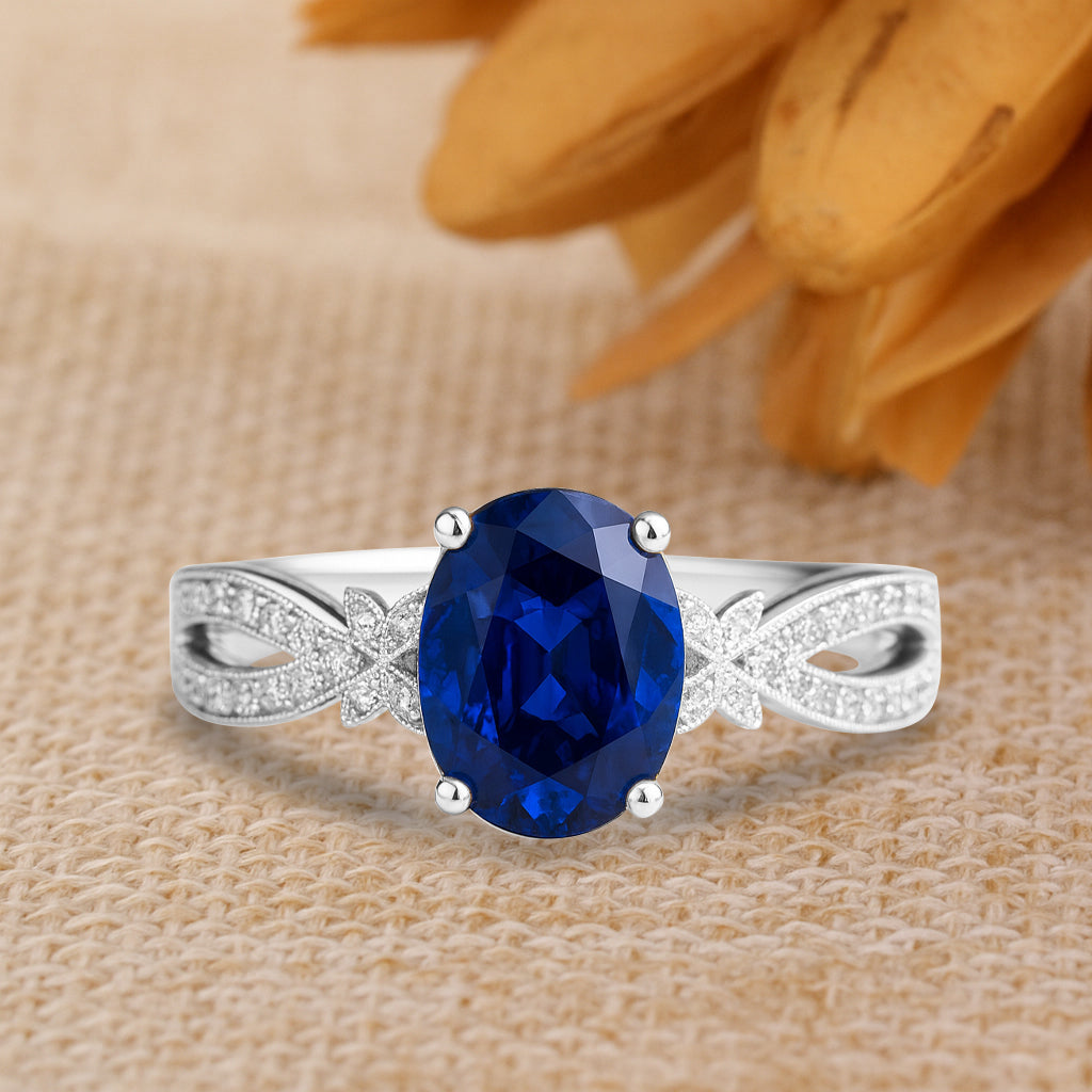 Butterfly 3.5 Ct Oval Cut Blue Sapphire Milgrain Engagement Ring