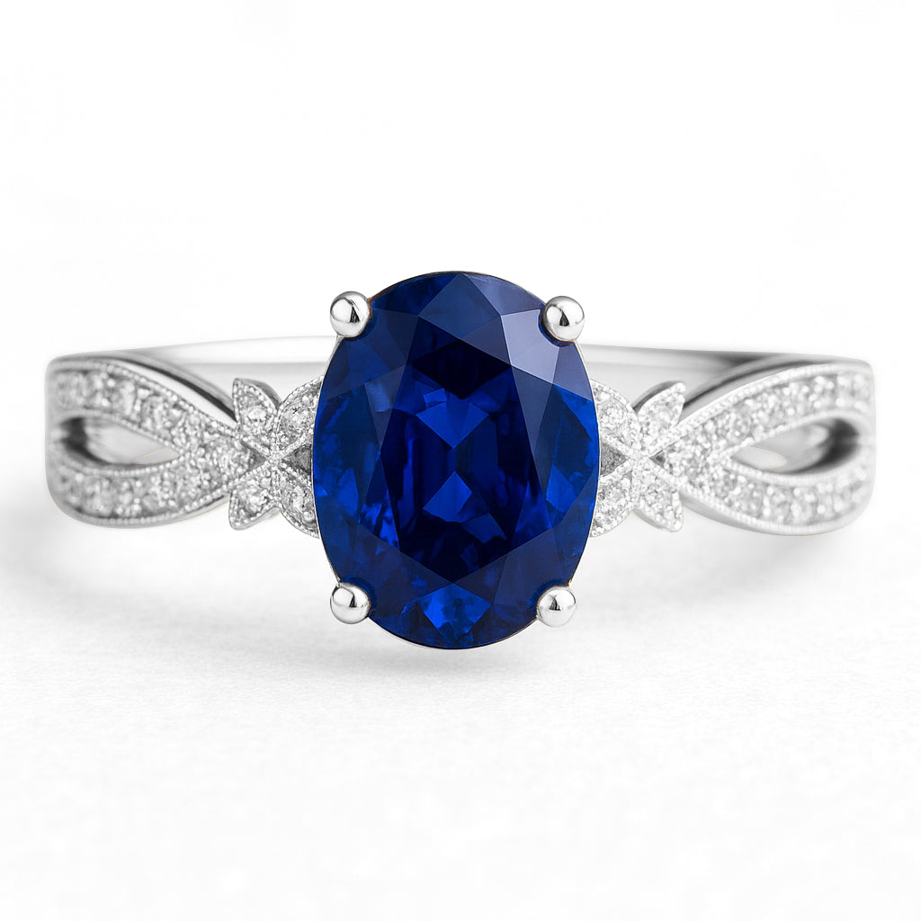 Butterfly 3.5 Ct Oval Cut Blue Sapphire Milgrain Engagement Ring