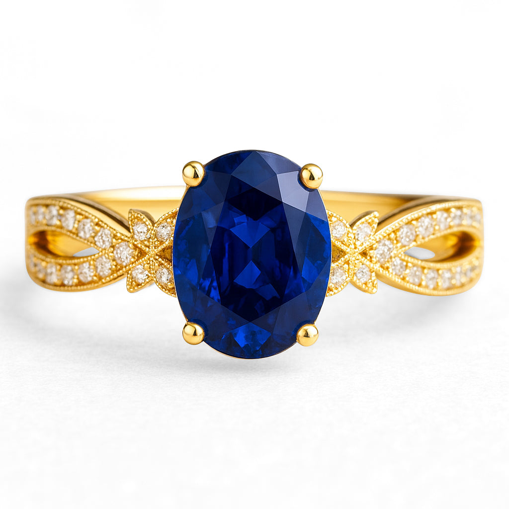 Butterfly 3.5 Ct Oval Cut Blue Sapphire Milgrain Engagement Ring