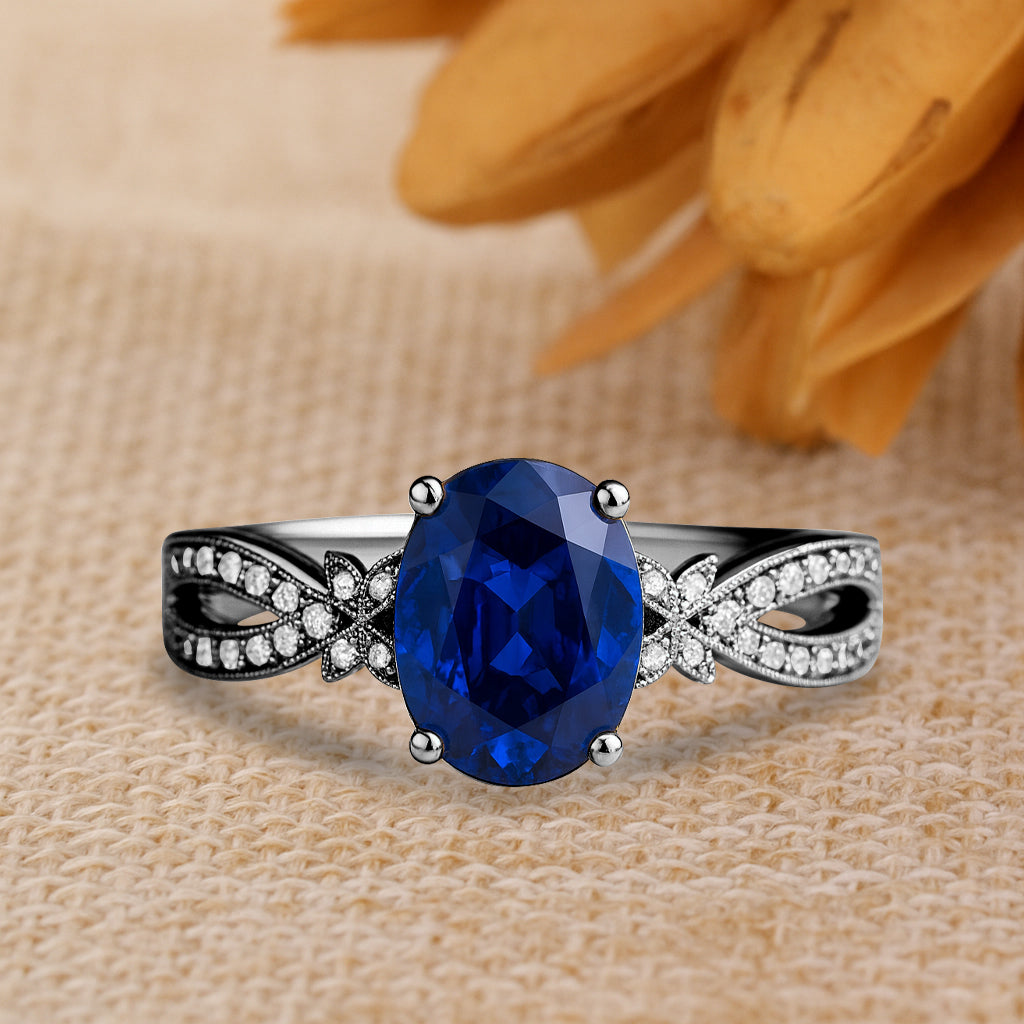 Butterfly 3.5 Ct Oval Cut Blue Sapphire Milgrain Engagement Ring
