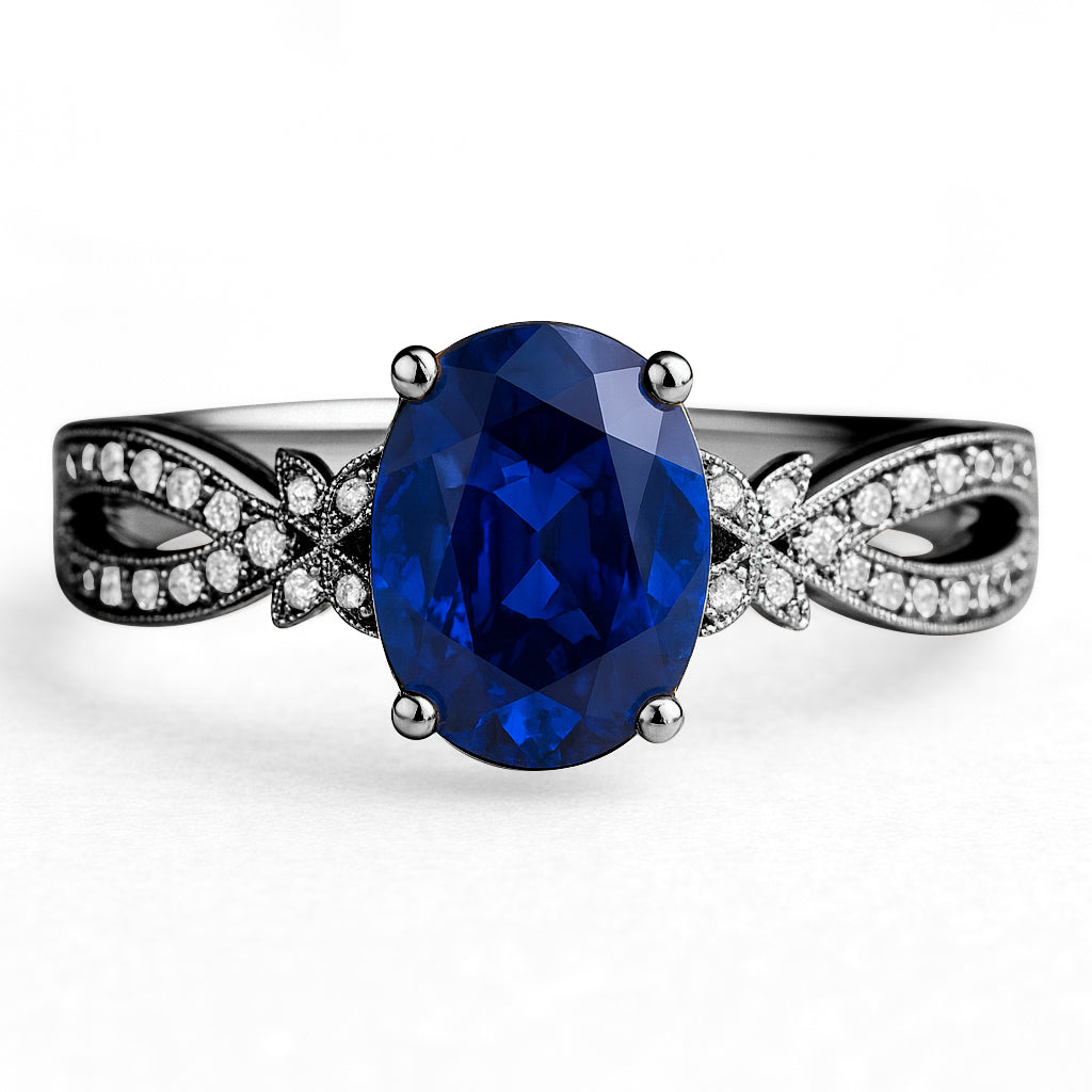Butterfly 3.5 Ct Oval Cut Blue Sapphire Milgrain Engagement Ring