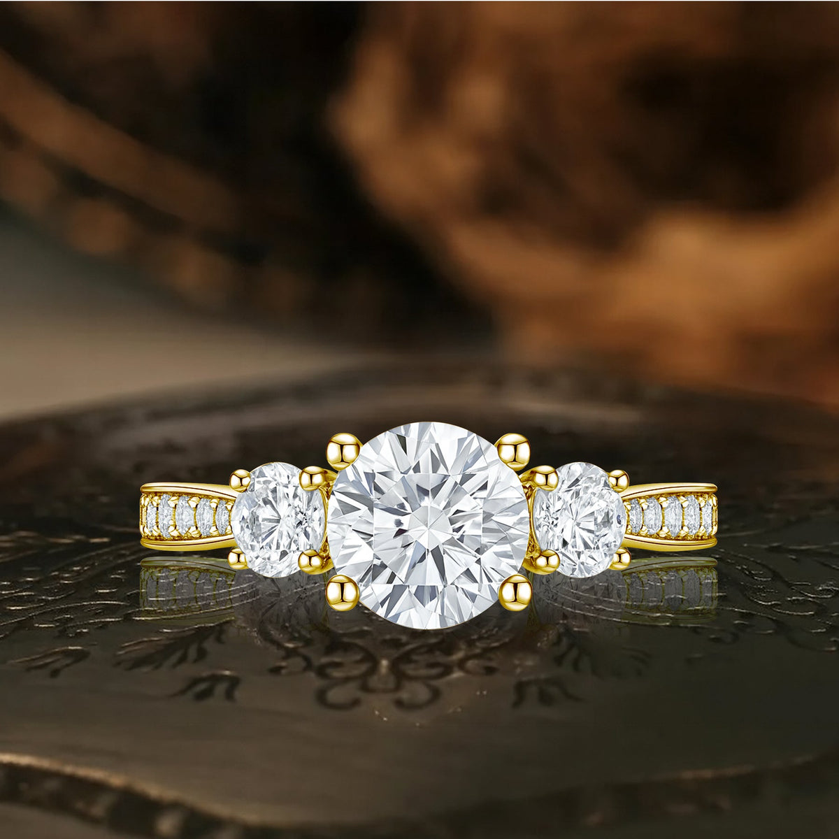 2.25 Ct Round Lab Diamond Three Stone Pave Engagement Ring