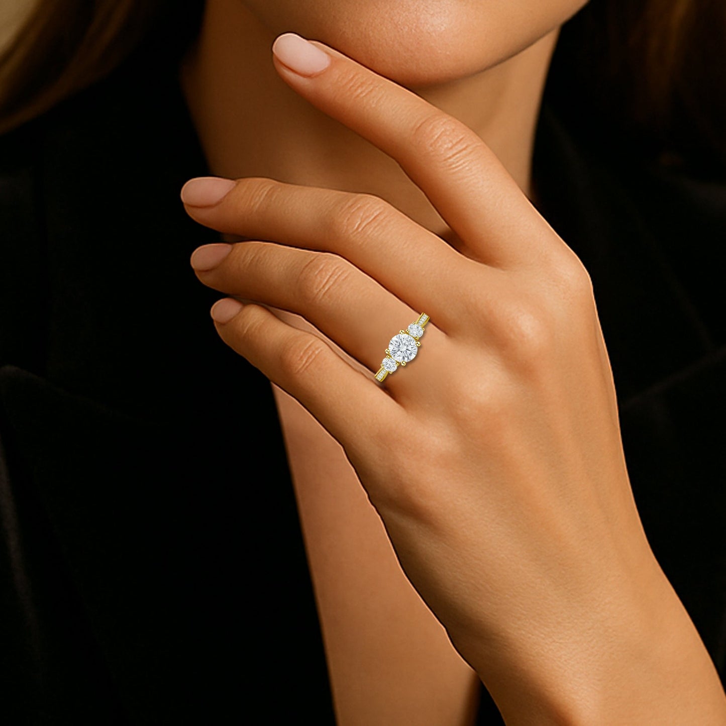 2.25 Ct Round Lab Diamond Three Stone Pave Engagement Ring