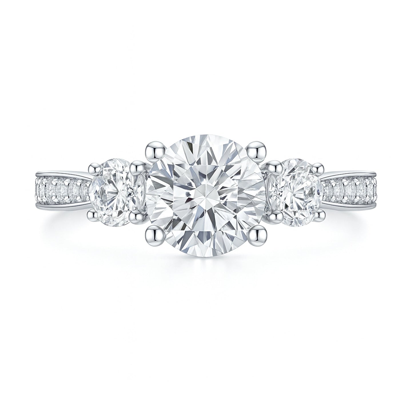 2.25 Ct Round Lab Diamond Three Stone Pave Engagement Ring