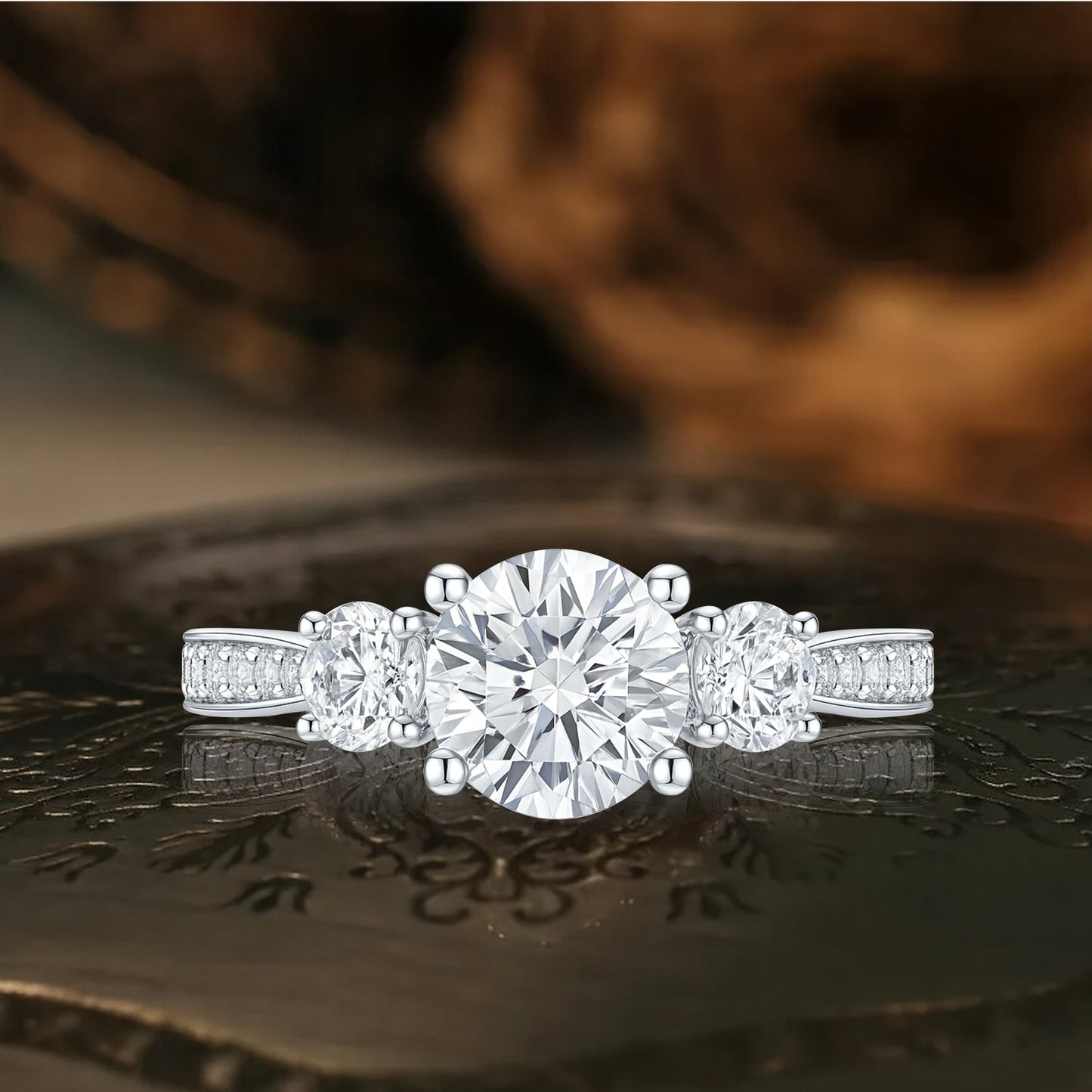 2.25 Ct Round Lab Diamond Three Stone Pave Engagement Ring