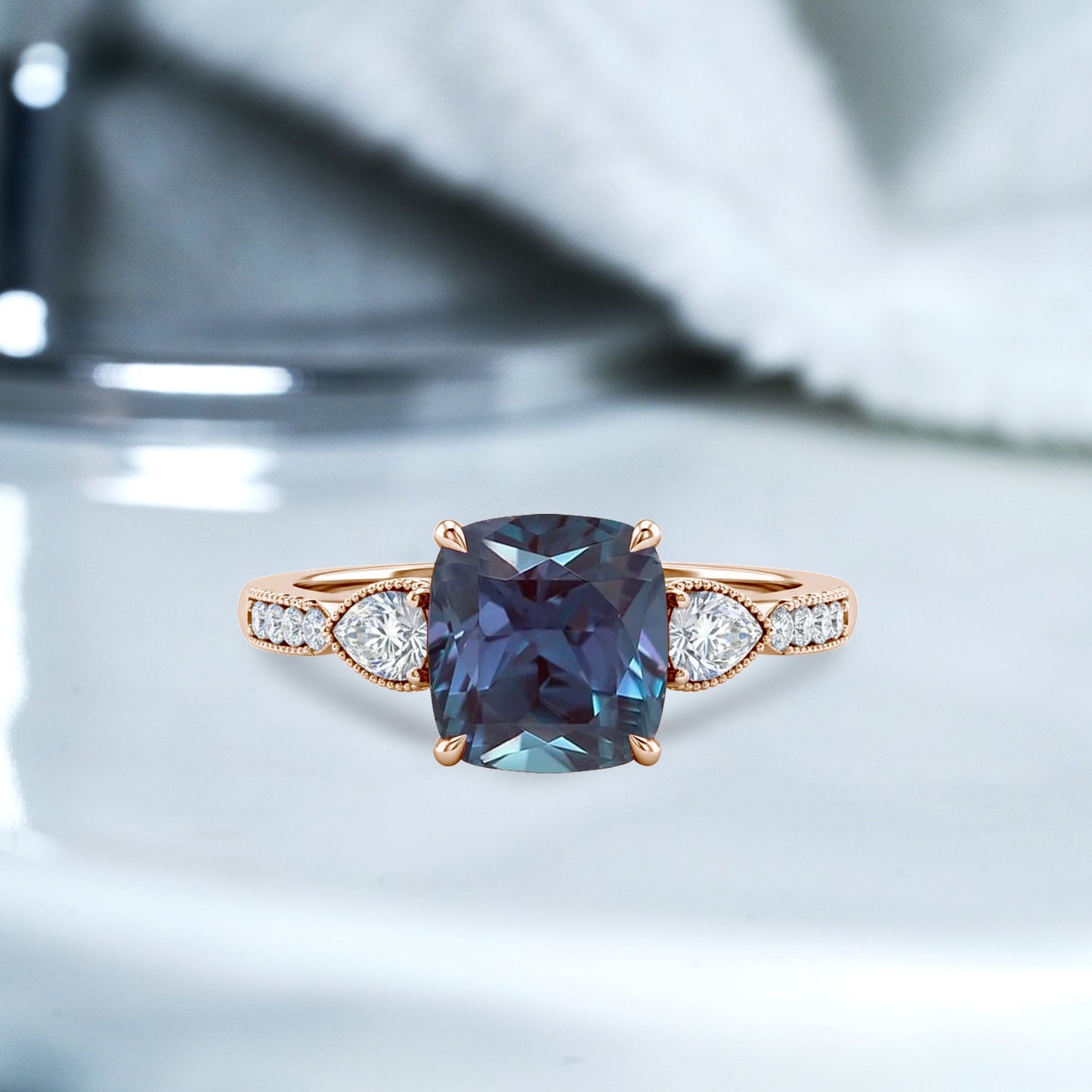1.35 Ct Cushion Lab Alexandrite Vintage Engagement Ring