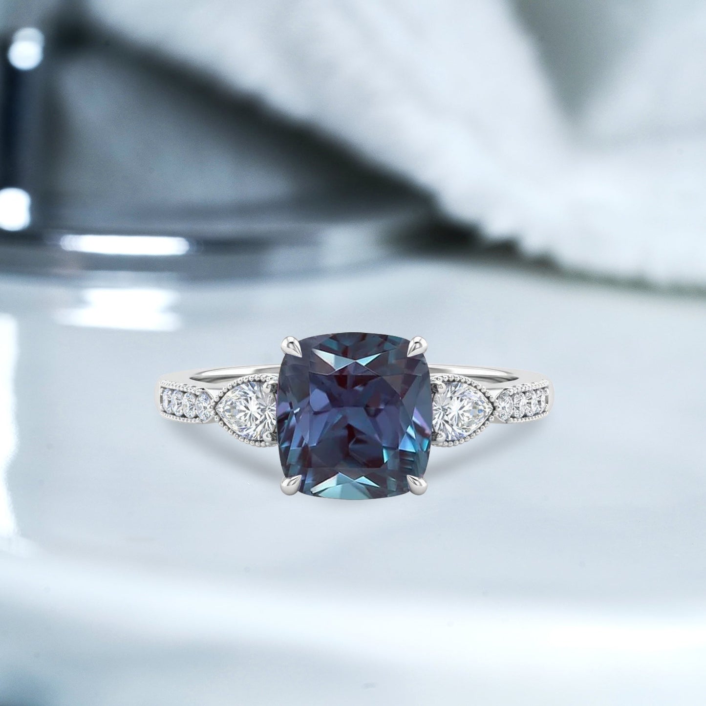 1.35 Ct Cushion Lab Alexandrite Vintage Engagement Ring