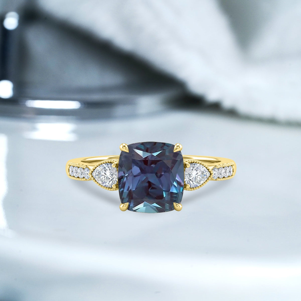 1.35 Ct Cushion Lab Alexandrite Vintage Engagement Ring