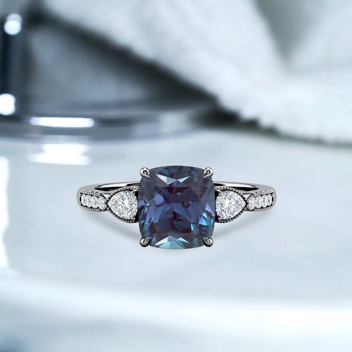 1.35 Ct Cushion Lab Alexandrite Vintage Engagement Ring