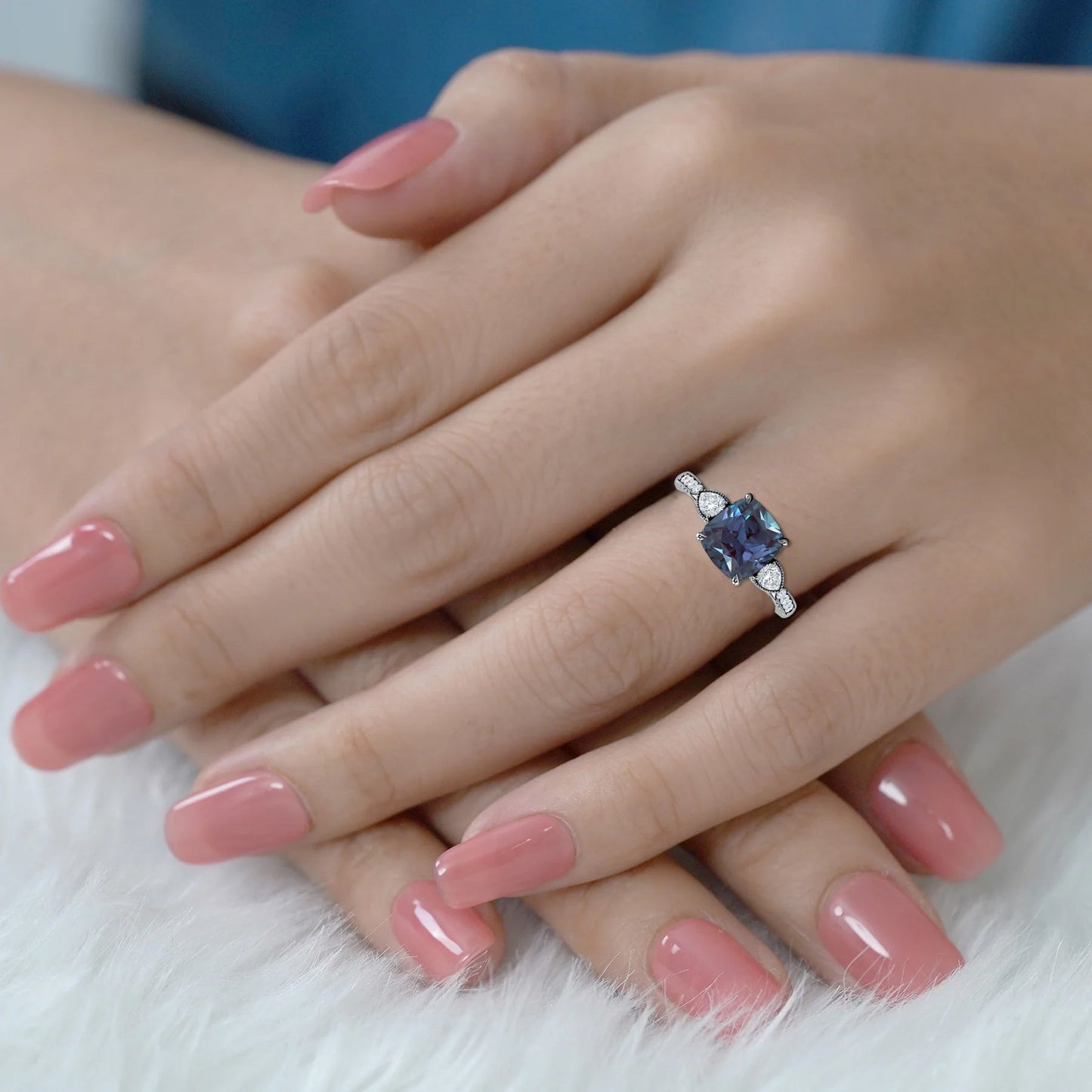 1.35 Ct Cushion Lab Alexandrite Vintage Engagement Ring