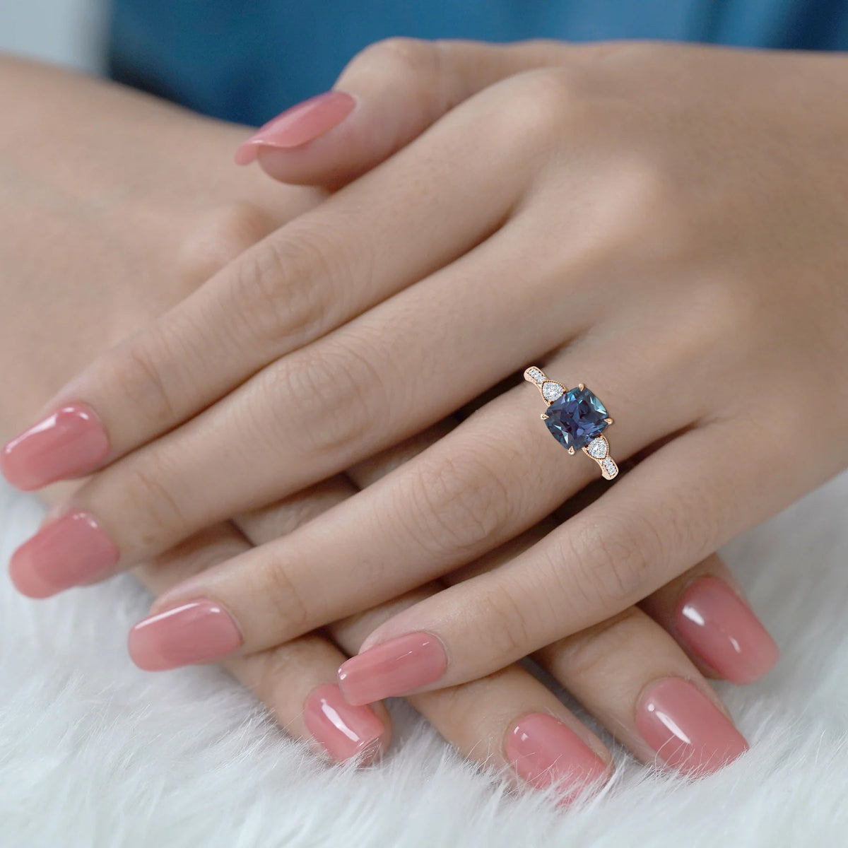 1.35 Ct Cushion Lab Alexandrite Vintage Engagement Ring