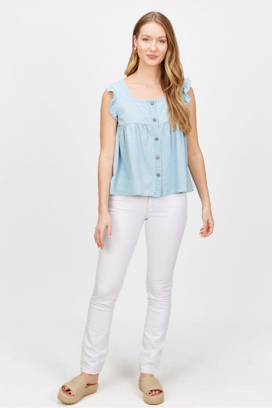 Cheryl Chambray Ruffled Sleeveless Top