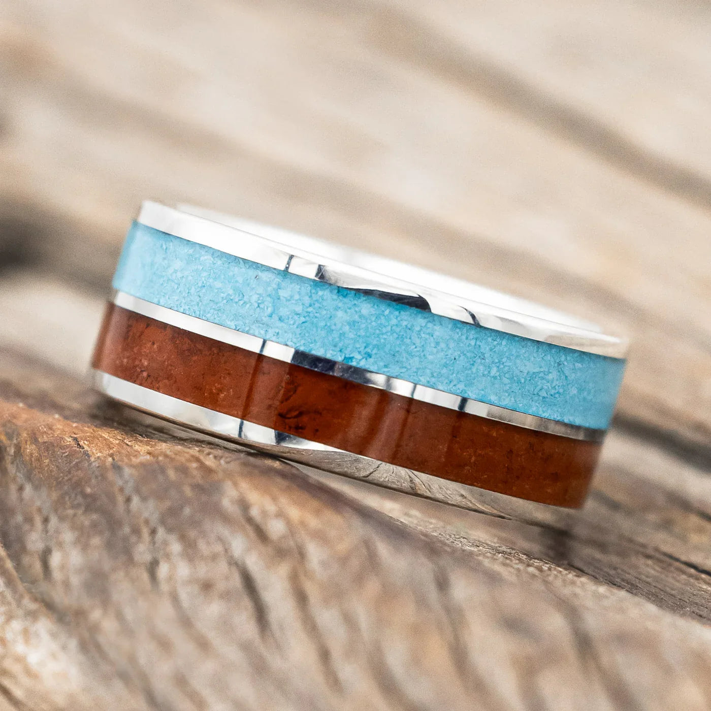 "Dyad" - Red Jasper & Turquoise Wedding Band - Silver - Size 7