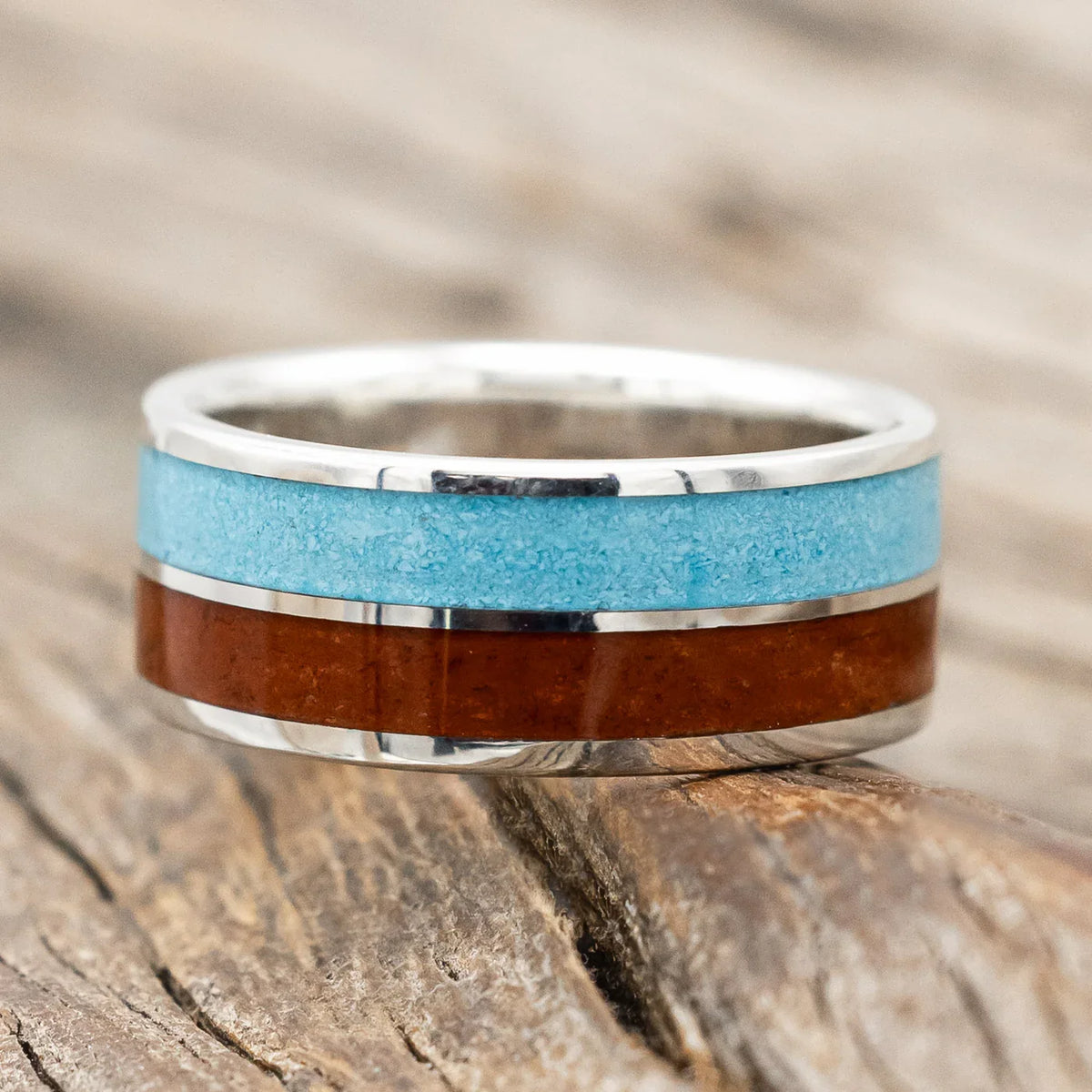 "Dyad" - Red Jasper & Turquoise Wedding Band - Silver - Size 7