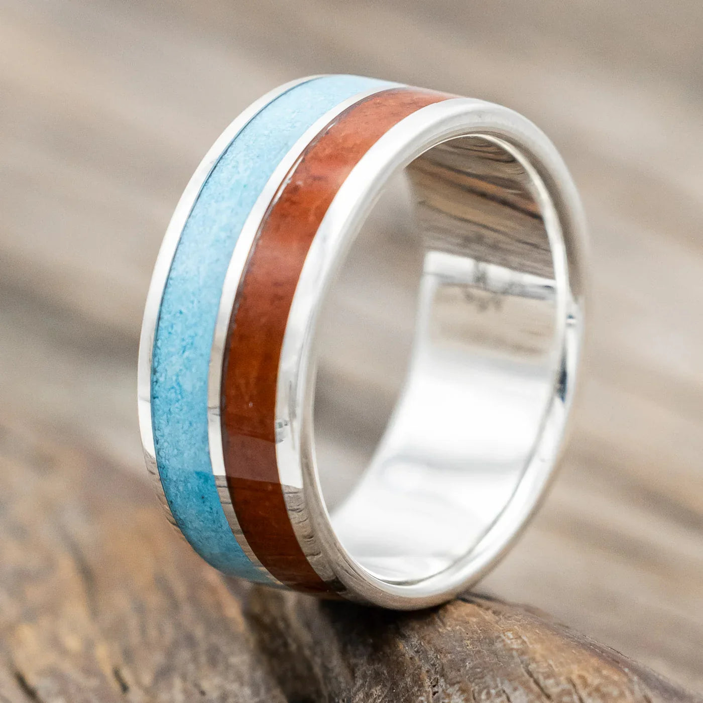 "Dyad" - Red Jasper & Turquoise Wedding Band - Silver - Size 7