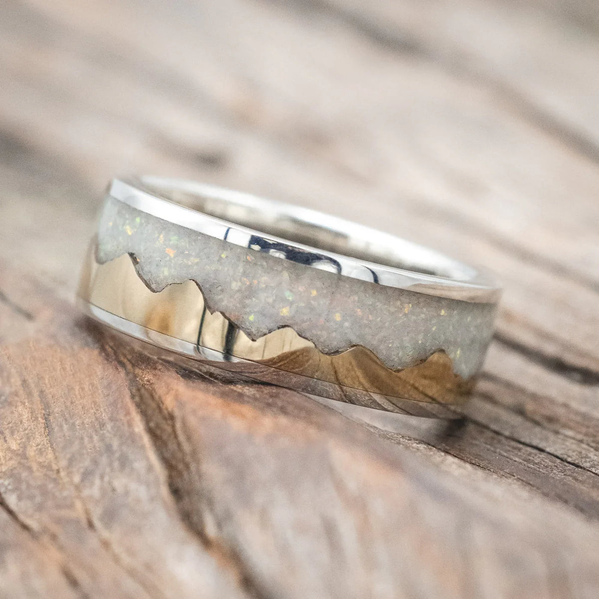 "Helios" - 14K Gold Andes Mountain Range With Fire And Ice Opal Inlay Wedding Band - Titanium (8mm) - Size 9