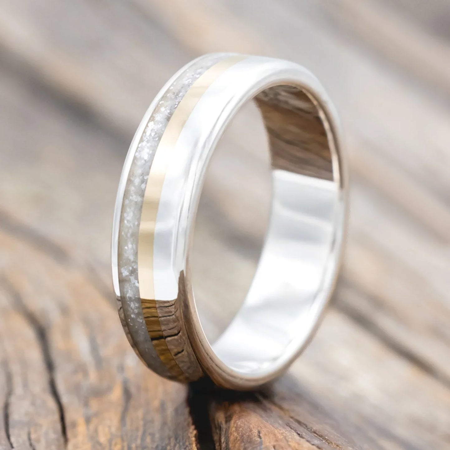 "Tanner" - Diamond Dust & 14K Yellow Gold Inlay Wedding Band - Silver (6mm) - Size 11