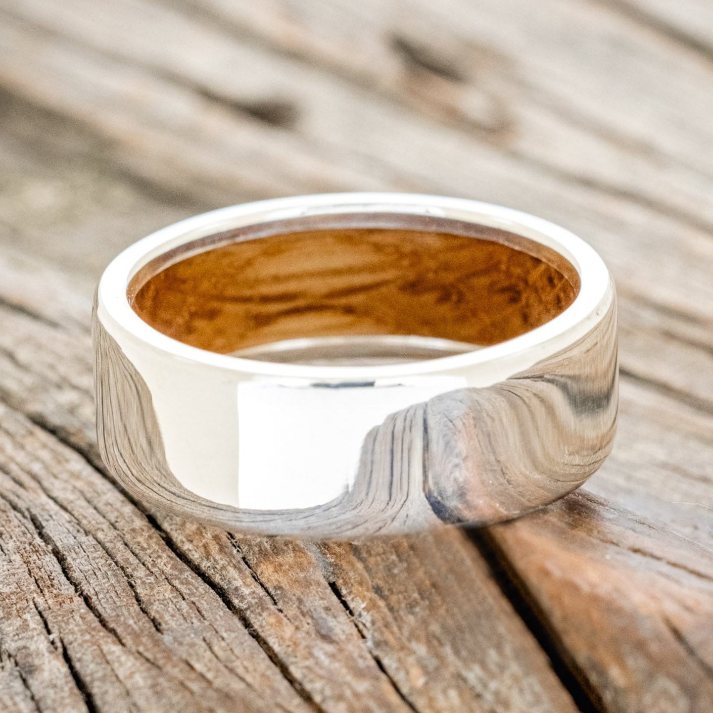 "Hyperion" - Whiskey Barrel Lined Wedding Band With Custom Finish
