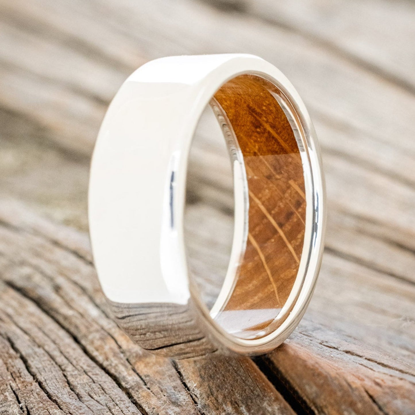 "Hyperion" - Whiskey Barrel Lined Wedding Band With Custom Finish