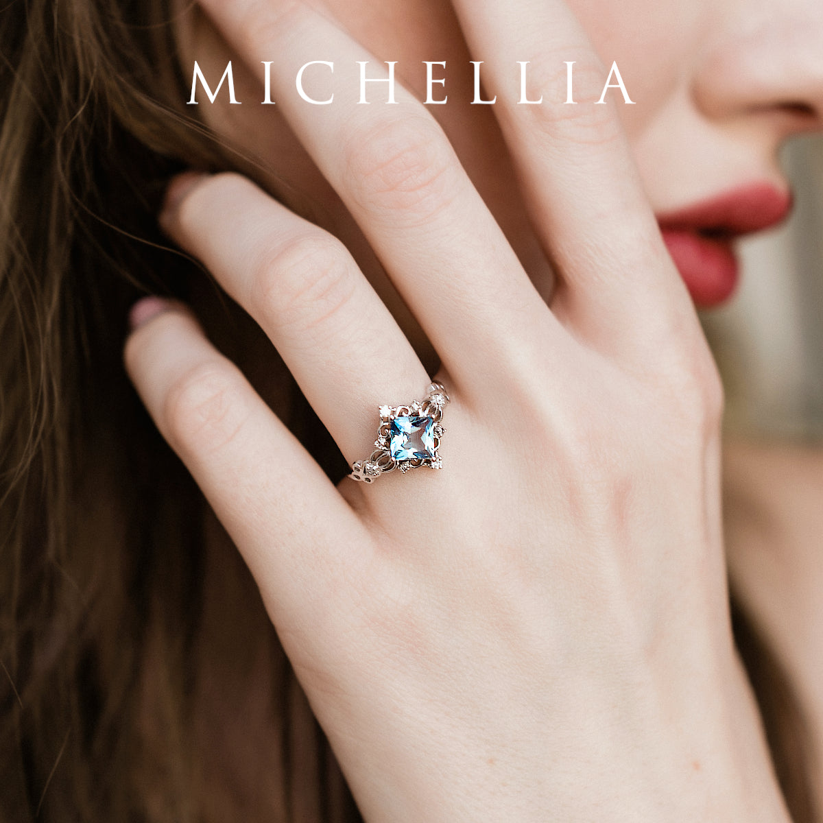 [Elsa] Vintage Square Princess Cut Engagement Ring in Aquamarine