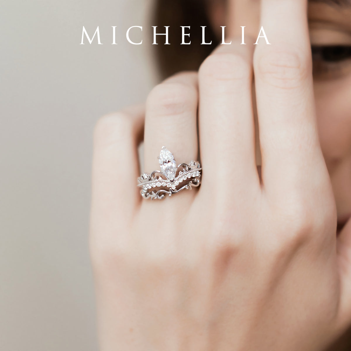 [Windsor] Vintage Crown Marquise Engagement Ring in Diamond / Moissanite