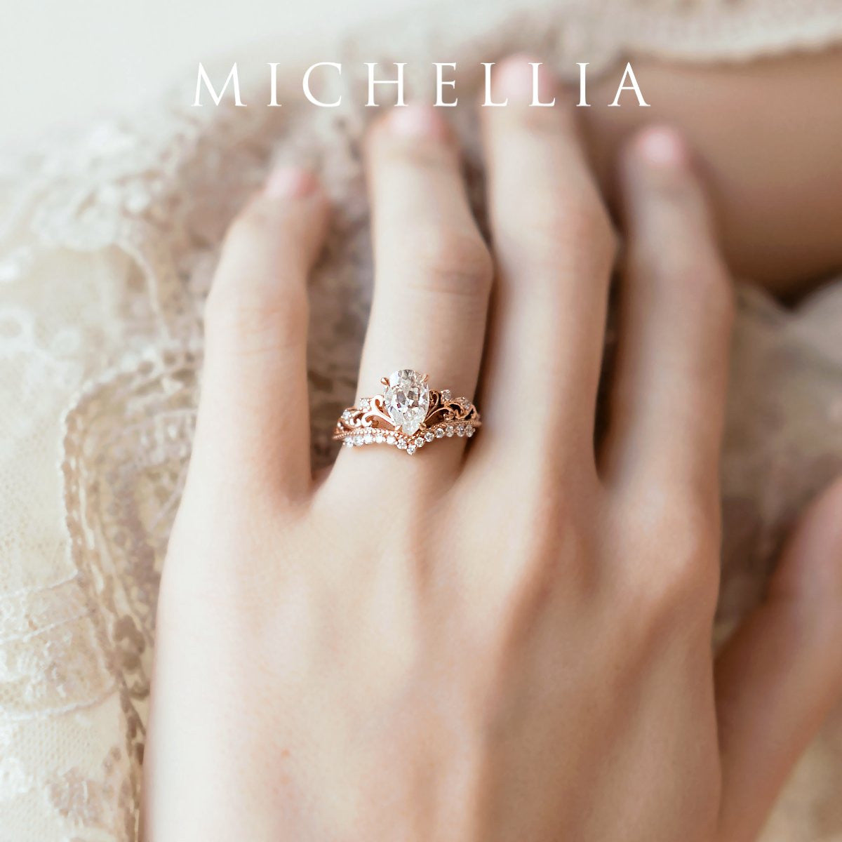 [Francesca] Heirloom Crown Pear Cut Engagement Ring in Diamond / Moissanite