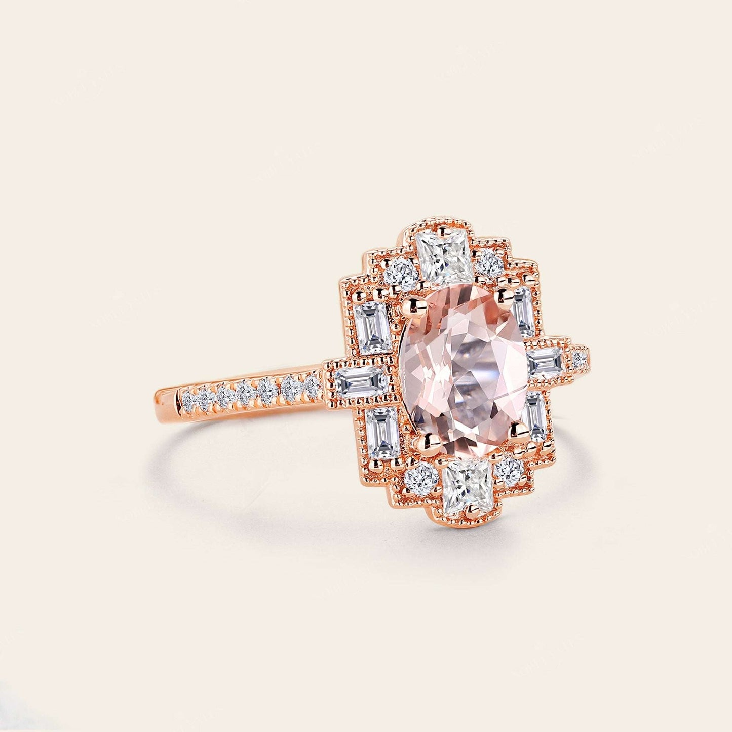 Oval Pink Morganite Art Deco Milgrain Engagement Ring