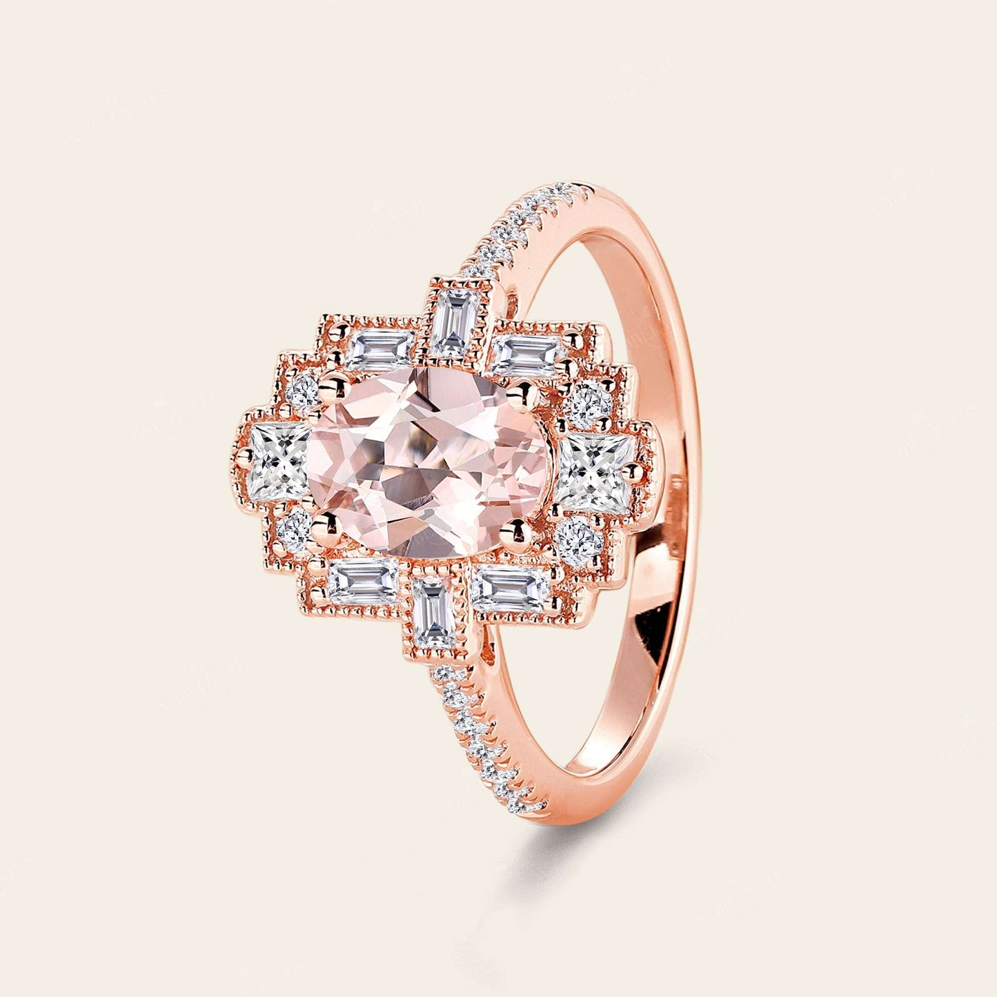 Oval Pink Morganite Art Deco Milgrain Engagement Ring
