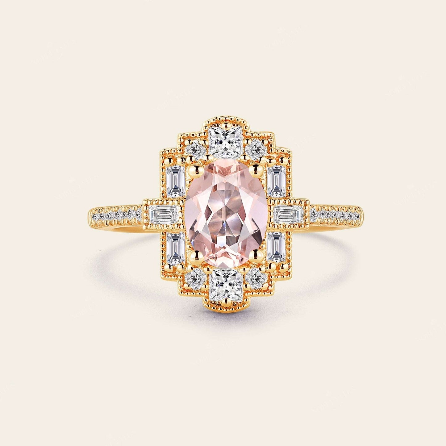 Oval Pink Morganite Art Deco Milgrain Engagement Ring