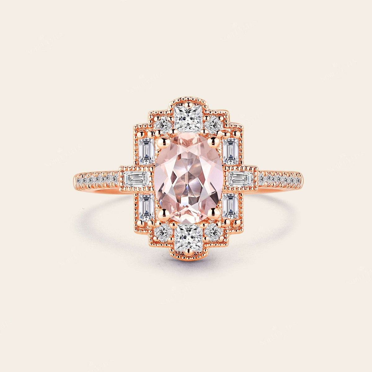 Oval Pink Morganite Art Deco Milgrain Engagement Ring