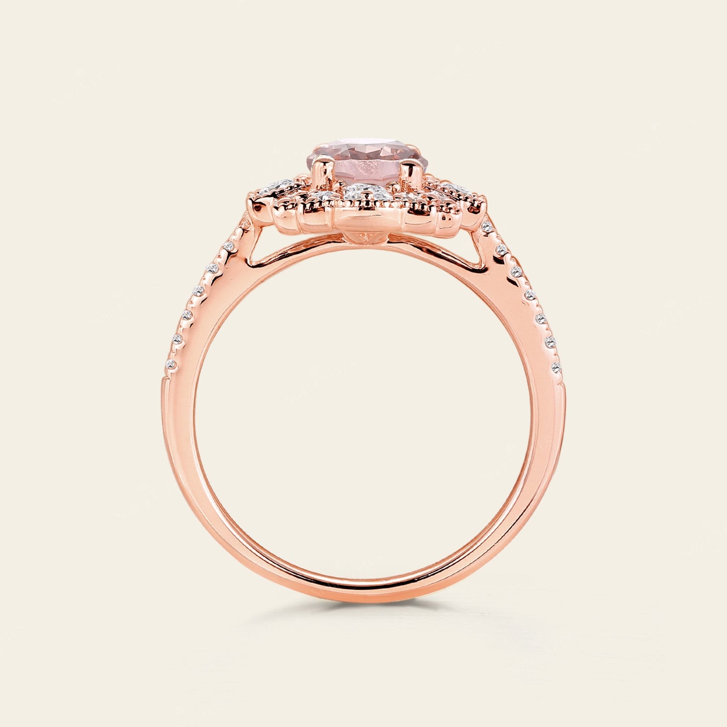 Oval Pink Morganite Art Deco Milgrain Engagement Ring