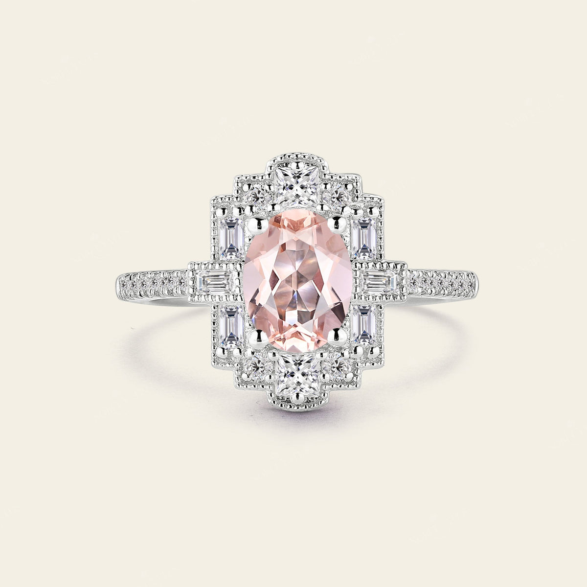 Oval Pink Morganite Art Deco Milgrain Engagement Ring