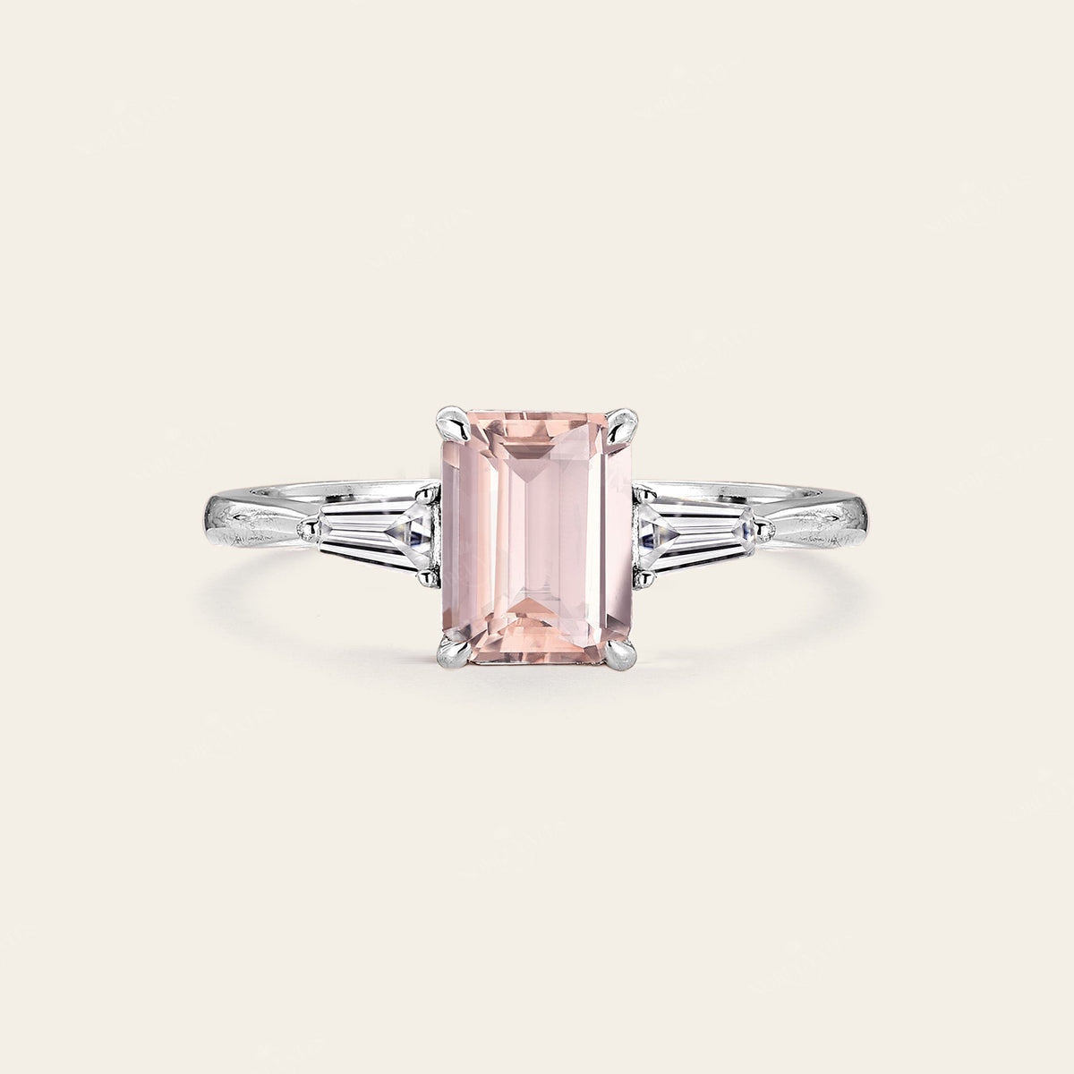 Emerald Cut Pink Morganite Engagement Ring Three Stones Art Deco